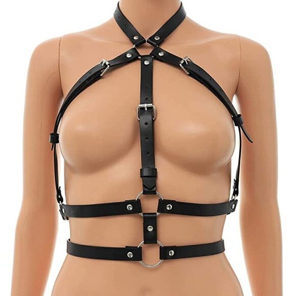 BLACK Leather Waist Shoulder Harness Bra Belt Waistband Slave Fetish Bondage NWT - Picture 7 of 7